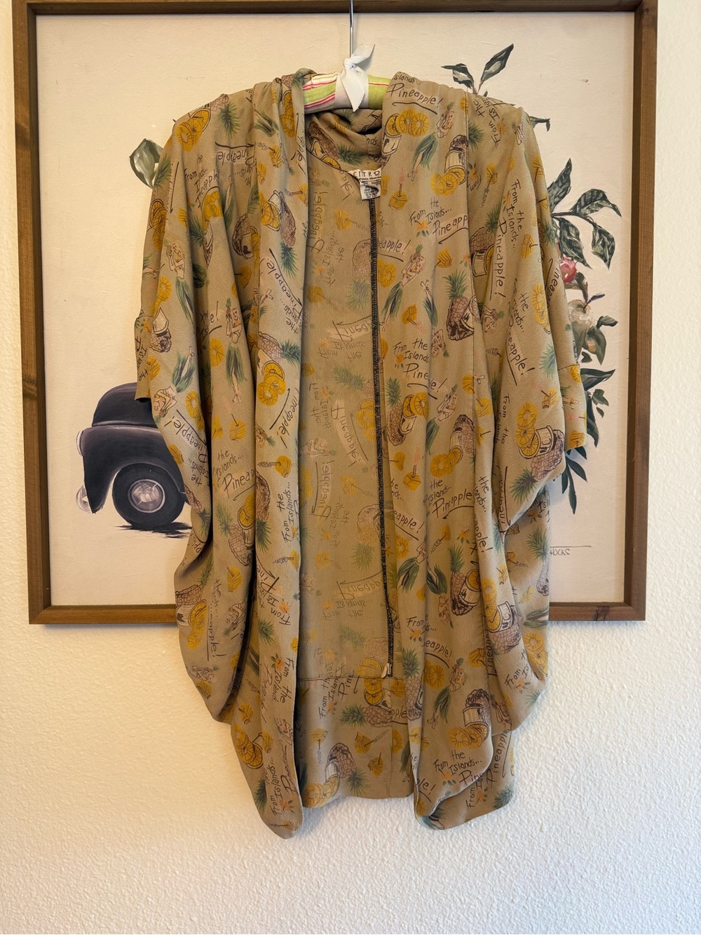 Vtg Citron Tan Pineapple Print Kimono Jacket Open Front Cardigan Rayon Silk
